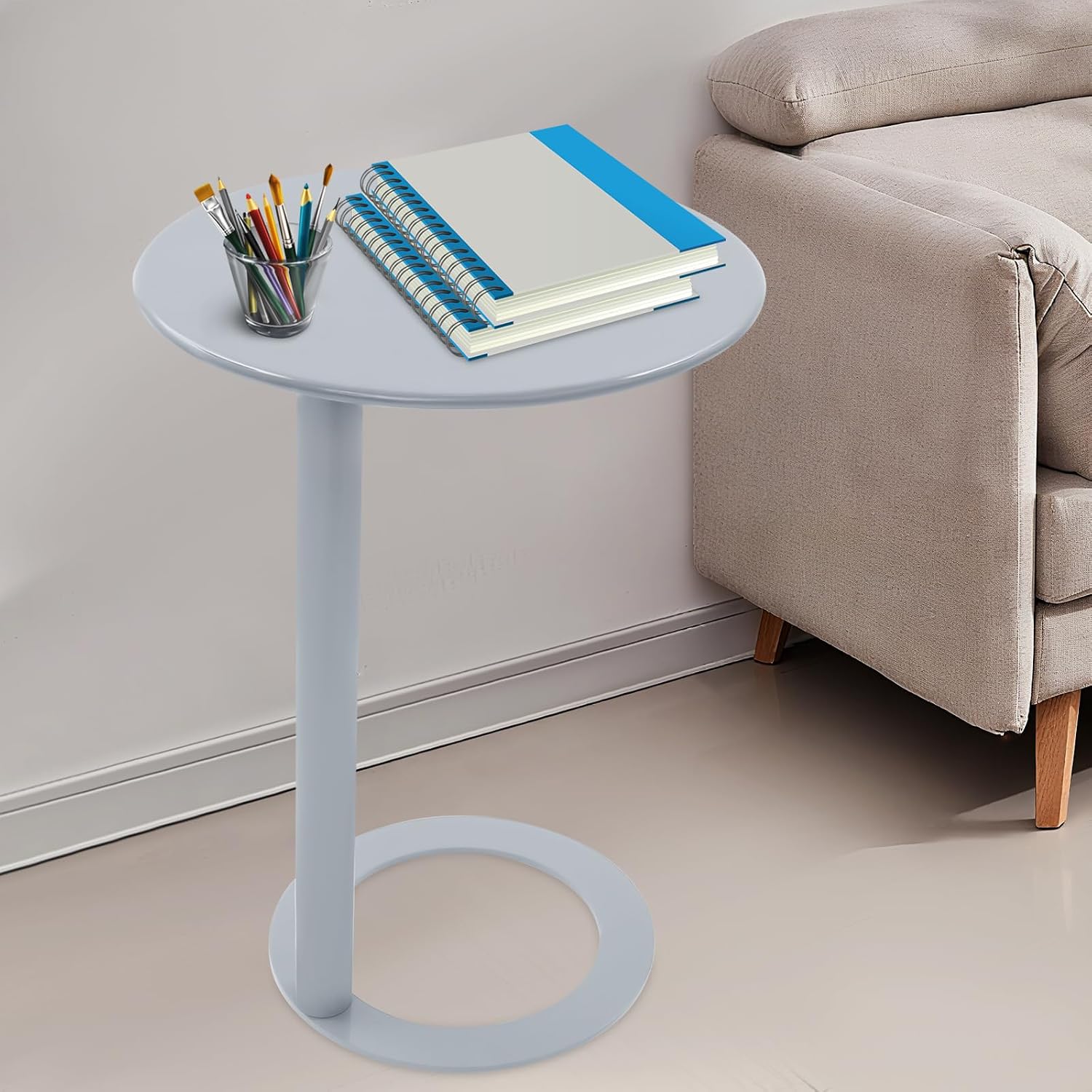 C-Shaped Round Side Table, Couch Side Tables with O-Shaped Base, Metal End Table for Couch Sofa Bed, Small Accent Side Table for Living Room Bedroom Office (Grey)