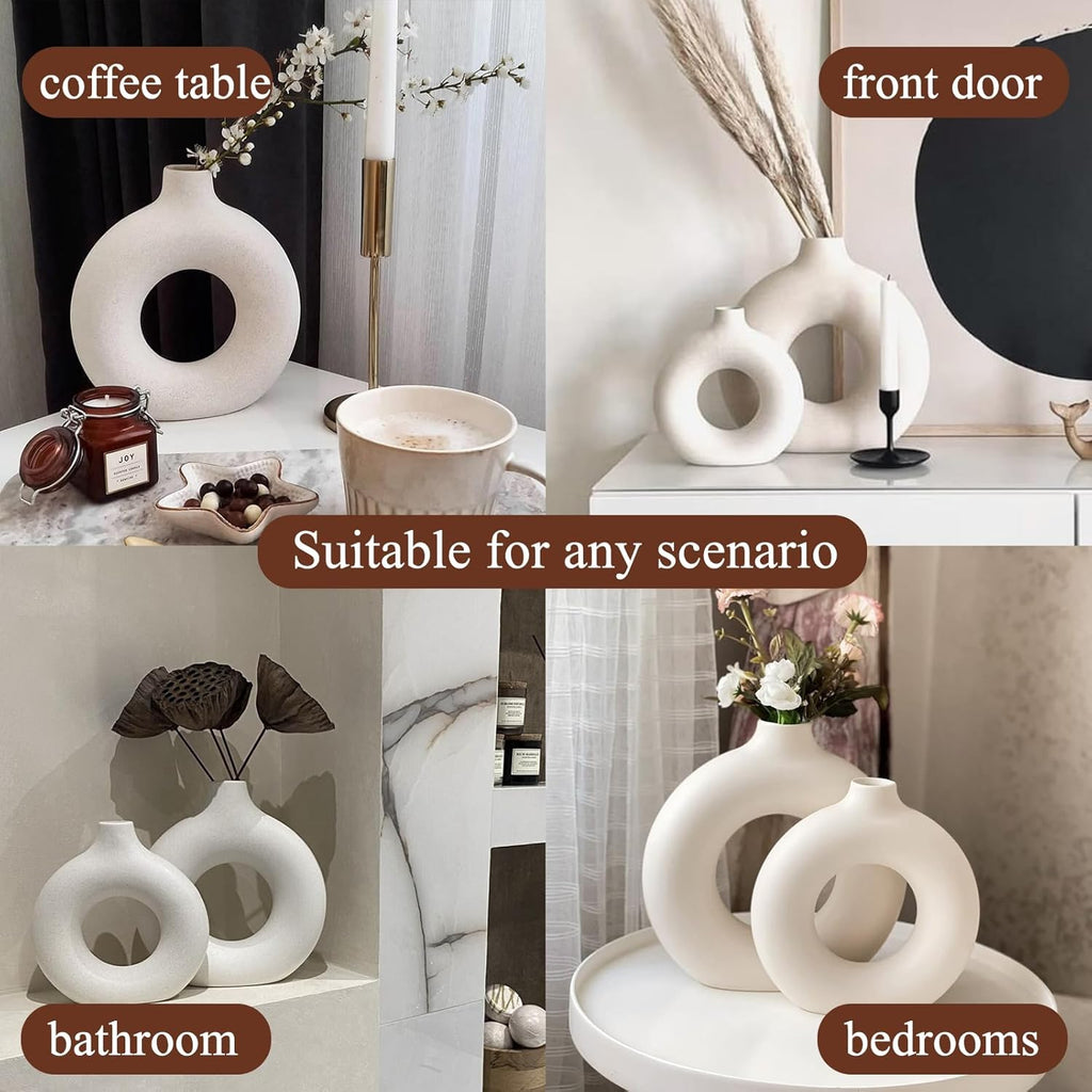 White Ceramic Donut Vase Set of 2, Hollow Matte Pampas Flower Vases for Boho Home Wedding Party Room Dinner Table Shelf Decor.（White）