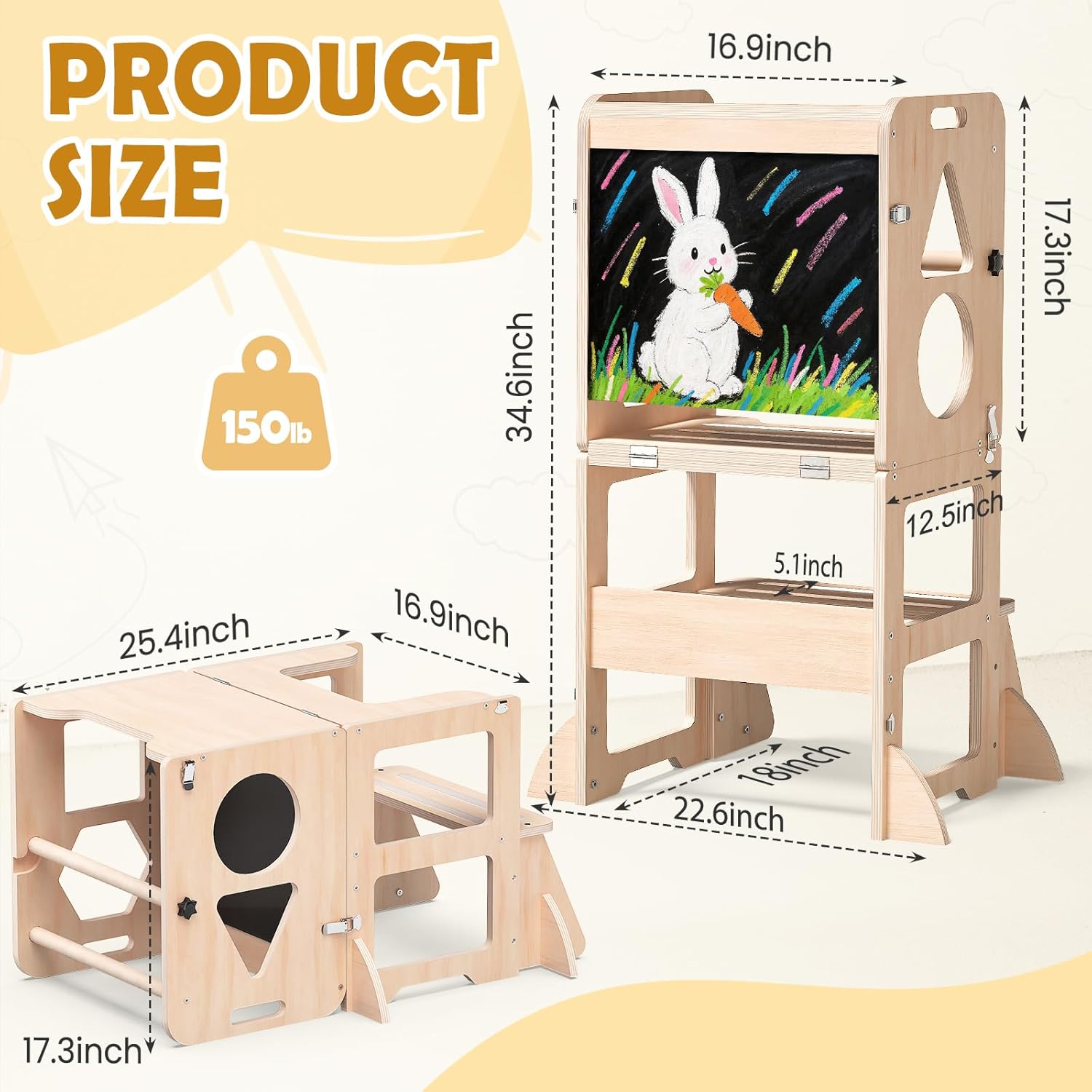 Toddler Standing Tower with Anti-Fall Buckle, 4-in-1 Anti-Slip Toddler Kitchen Step Stool with Blackboard, Foldable Wooden Kitchen Stool Helper for Kids, 1-3 Year Old Boy Girl Gifts