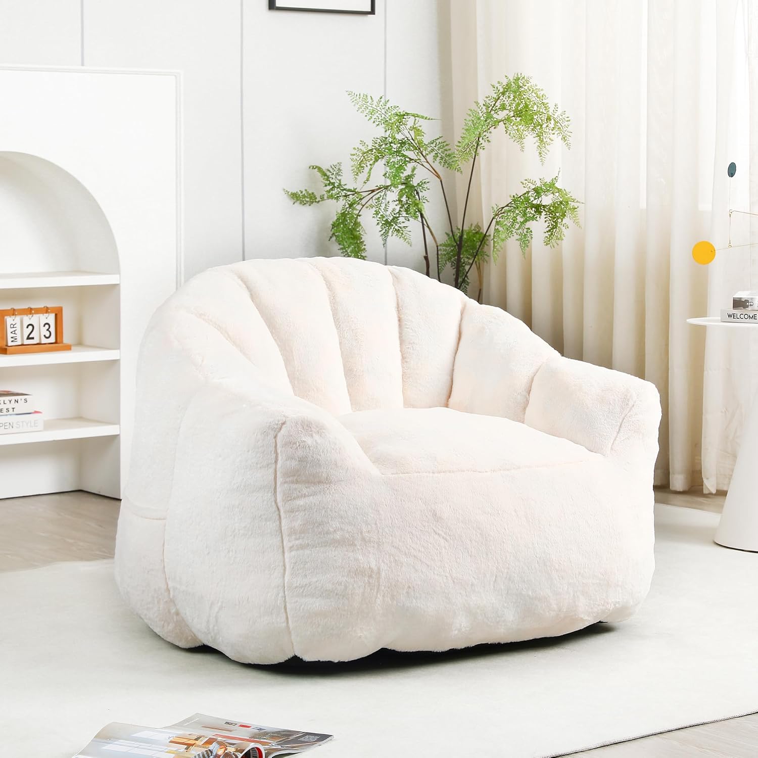 mikibama 41.4" Bean Bag Chair with Arms,Comfy Faux Fur Boneless Beanbag Chairs for Adults and Kids, Channel Tufted Lazy Floor Sofa Chair for Living Room Apartment,Bedroom Dorm(Beige)
