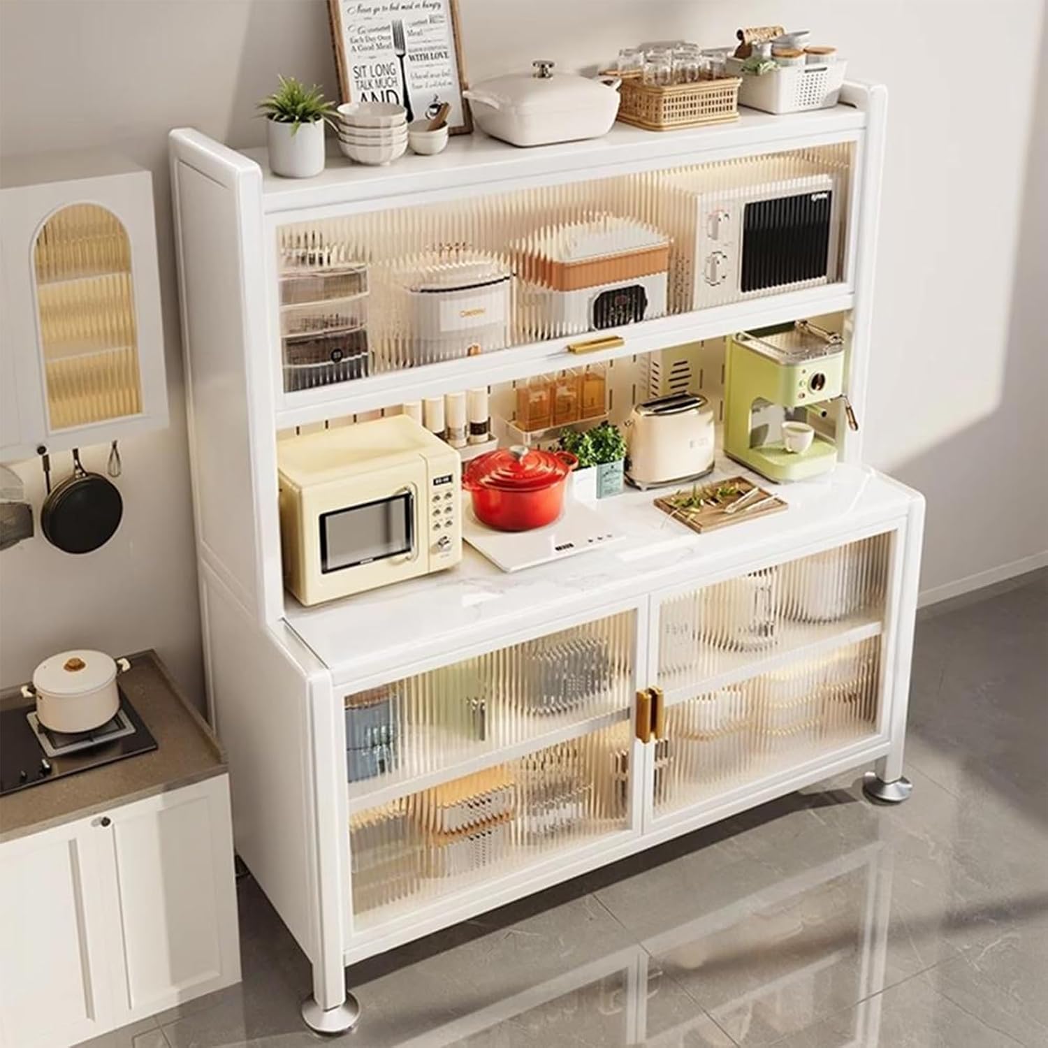 Kitchen Pantry Storage Cabinet, Modern Hutch with Storage Drawers, Coffee Bar Workstation, Farmhouse Pantry Cabinet, for Kitchen, Bedroom, Dining Room, Office(White,152x90cm/59.8x35.4in)