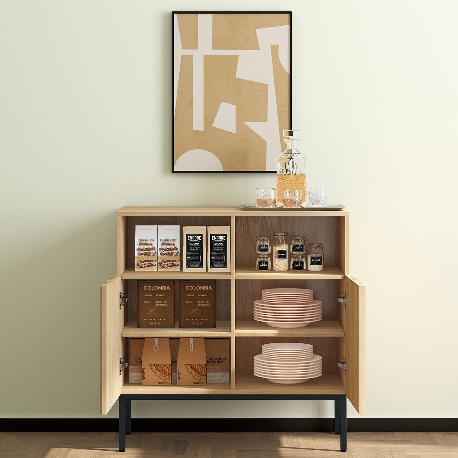 Oxford Fluted Storage Cabinet, Sideboard Buffet Credenza with Doors, Accent Console for Living Dining Room, Entryway, Natural Oak (Raised Panel, Two doors-1pc)