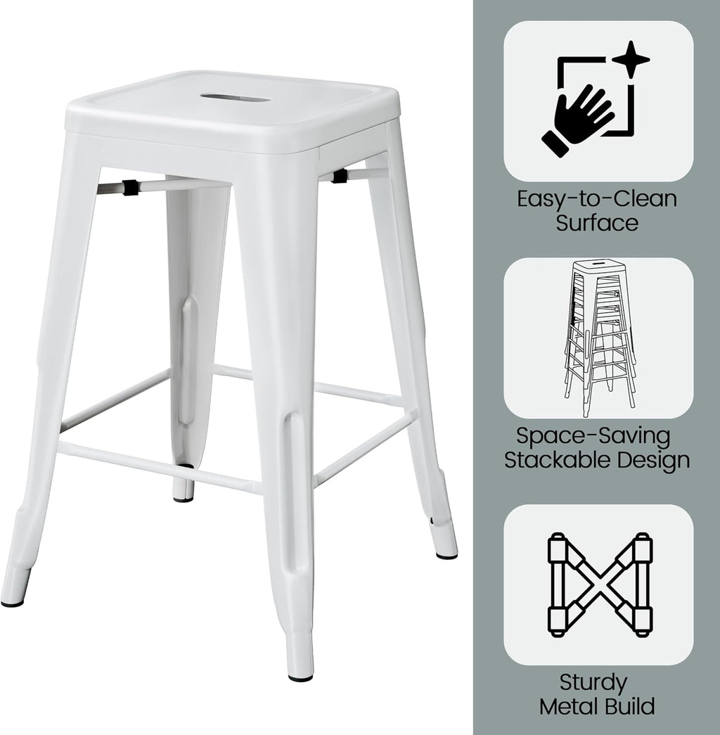 Yaheetech 24 Inch Metal Barstools Set of 4, Counter Height Backless Stools, Industrial Stackable Bar Chairs with Footrest for Kitchen/Dining Room/Bistro/Patio, White