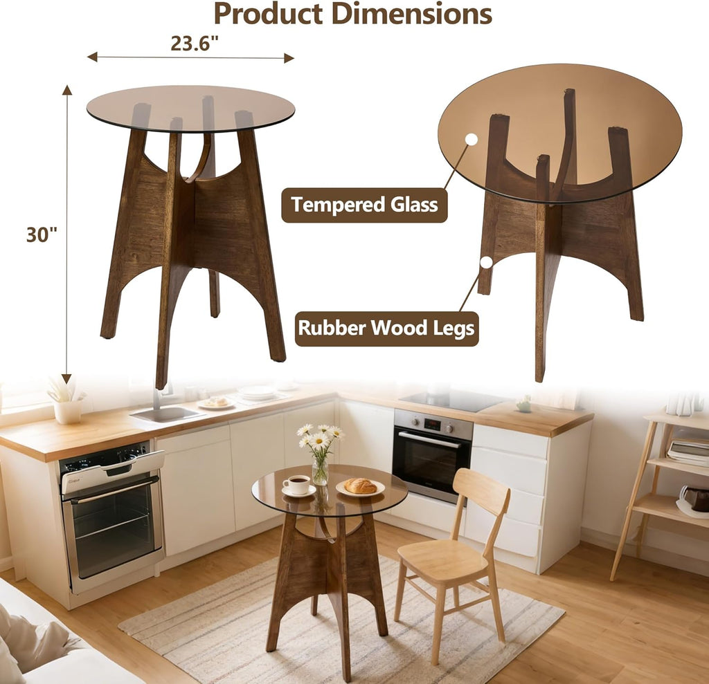 24 inch Round Glass Dining Table for 2, Tempered Glass Top with Solid Oak Tulip Base, Modern Small Kitchen Table for Apartment, Bistro and Dining Room