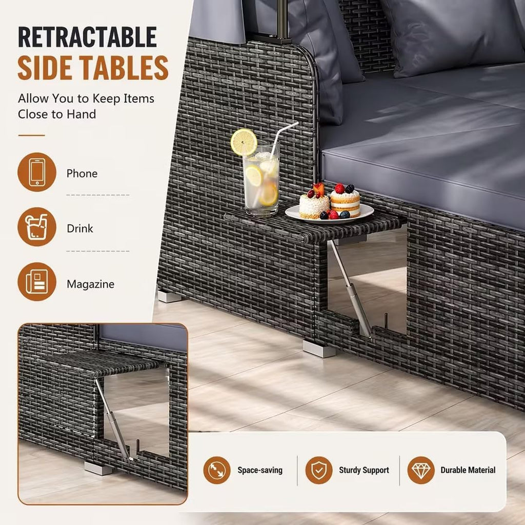 RELAX4LIFE Patio Outdoor Daybed with Canopy, Wicker Rattan Sunbed w/Cushions, 4 Pillows & 2 Retractable Side Trays, 2-Person Lounge Bed Conversation for Poolside Porch Garden (Gray-Grey)