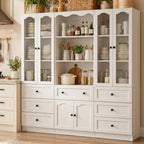 Cyclysio 3-Piece Pantry Cabinet Set, 80" Tall Kitchen Pantry Storage Cabinets with Glass Doors, Open Shelves, and 7 Drawers, White Wood Pantry Hutch Set for Kitchen, Dining Room, Living Room