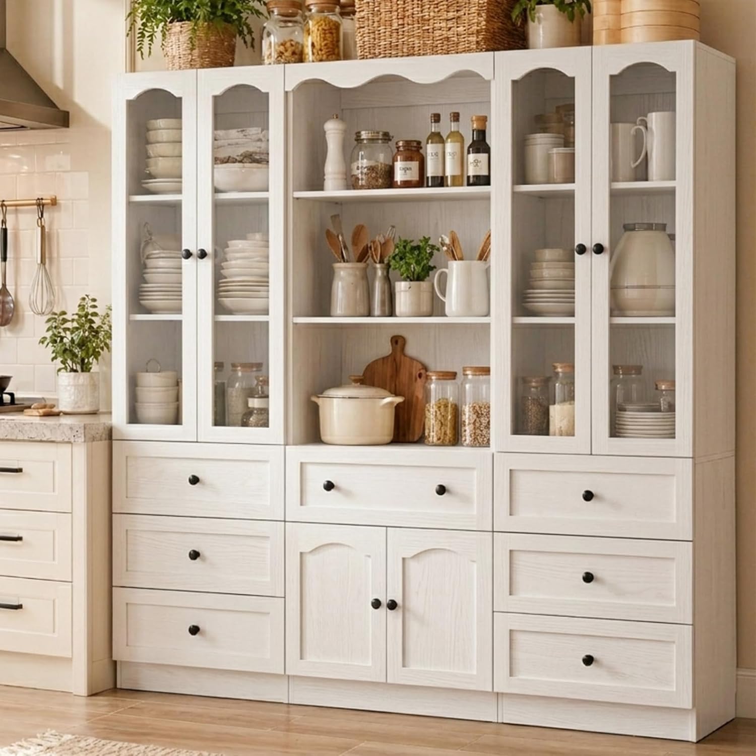 Cyclysio 3-Piece Pantry Cabinet Set, 80" Tall Kitchen Pantry Storage Cabinets with Glass Doors, Open Shelves, and 7 Drawers, White Wood Pantry Hutch Set for Kitchen, Dining Room, Living Room