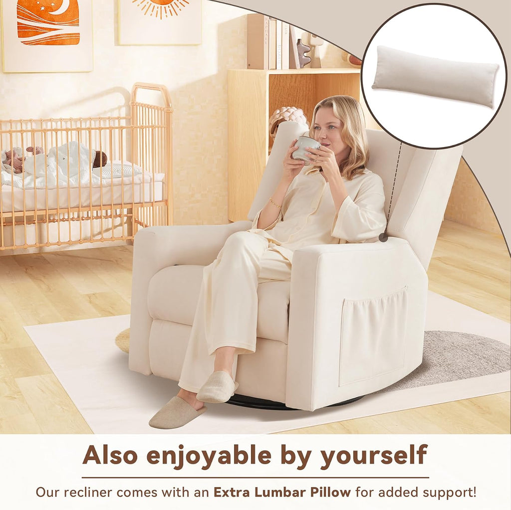 Tbfit 32" Nursery Rocking Chair, 360° Swivel Recliner Chair with Lumbar Support for Bedroom, Comfy Upholstered Armchair with Pillows & Footrest for Living Room & Baby Room
