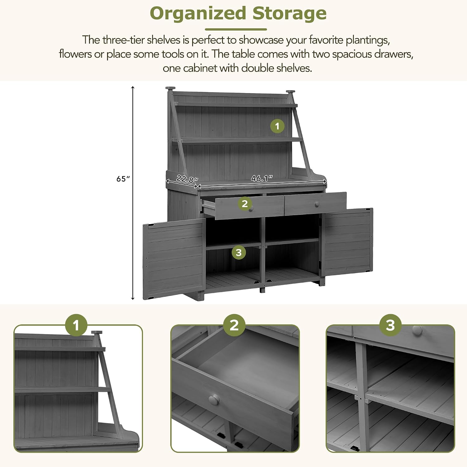 65" Garden Potting Bench with Storage Cabinet, Grey | 100% fir wood, 46.1" worktop, 3-tier shelves, anti-falling devices, 47.2"L x 22.8"W x 65"H, for garden tasks