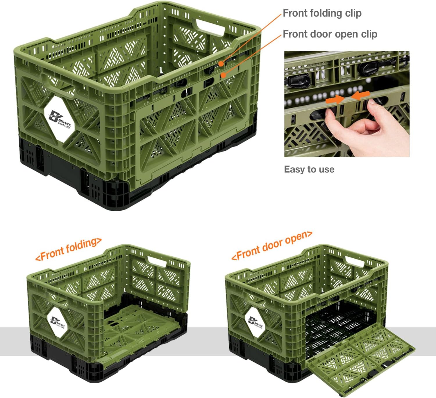 Bigant Heavy Duty Collapsible & Stackable Plastic Milk Crate-Medium Size, Olive, Stackable Open Front Organizer, Set of 1, Snap Lock Foldable Industrial Garage Storage Bin Container Utility Basket