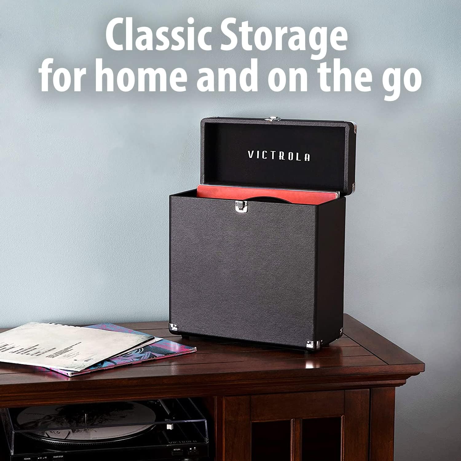 Victrola Collector – Record Storage Case – Holds 30+ Vinyl Turntable Records, Heavy-Duty Hardware, Hinges, & Smart Metal Corners, Portable with Easy-Carry Handle (Turquoise)