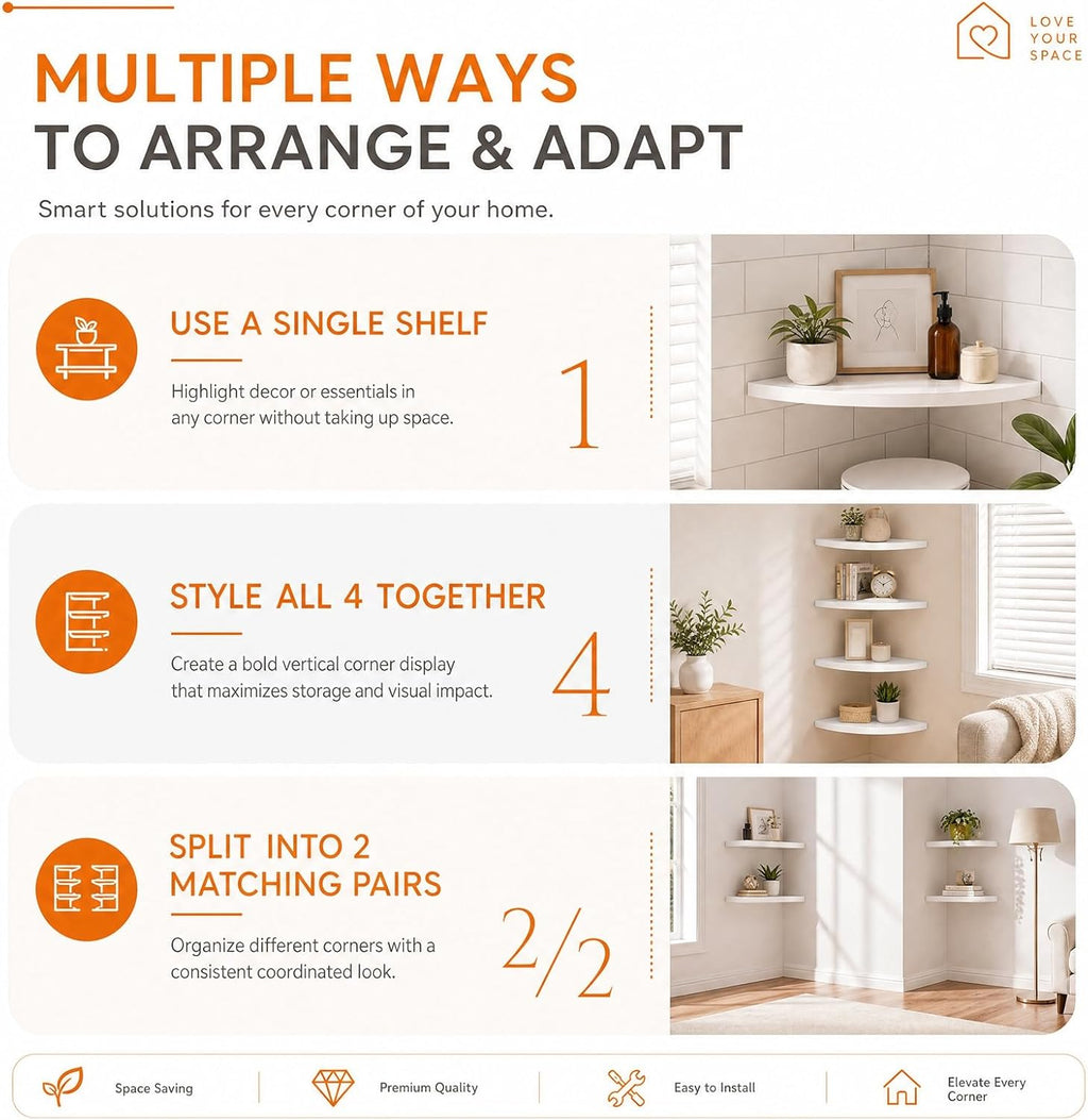 4 Pcs White Corner Floating Shelves for Wall with Cord Hole 10 Inch Rounded Corner Curved Hanging Shelves for Cable Box, Speaker, TV Cords, Books, Plants
