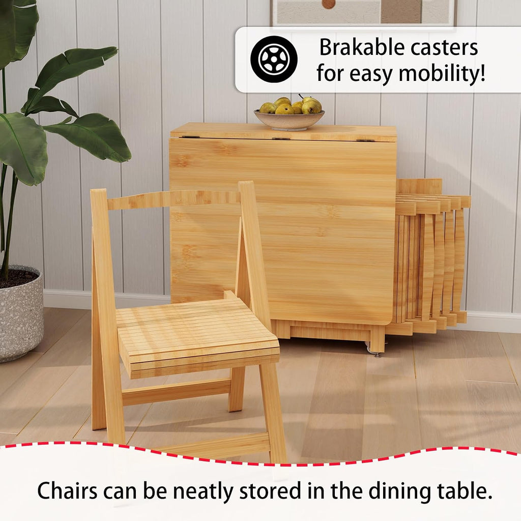 Folding Dining Table Set for 4, Foldable Kitchen Dinning Set with Chairs | Bamboo, Double Drop Leaf Device, Inside of Dinner Table Can Store Fold Chairs, Assembly Free for Compact Apartment - Wood