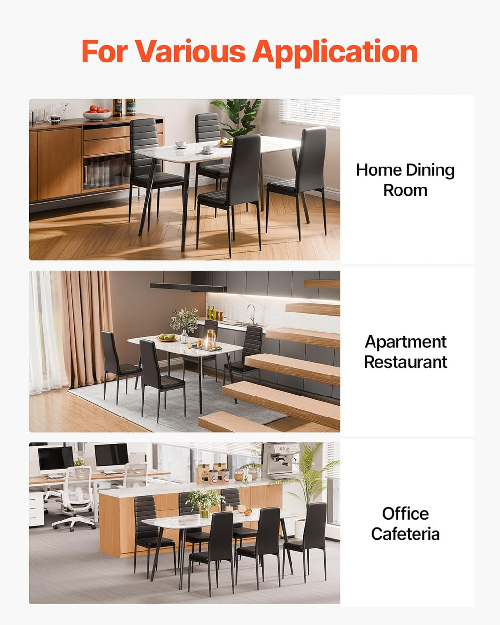 VEVOR Modern Dining Room Accent Chairs Set of 6, Upholstered Leather Side Chair for Living Room, Space-Saving Kitchen Chair with Thick Cushions and Metal Legs, Black