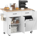 Bigbiglife Kitchen Island with Storage, 39.8" Rolling Kitchen Island Cart with Drop Leaf & Storage - Mobile Kitchen Organizer with Wheels, Rubberwood Top, Trash Can Cabinet & Towel Rack, White