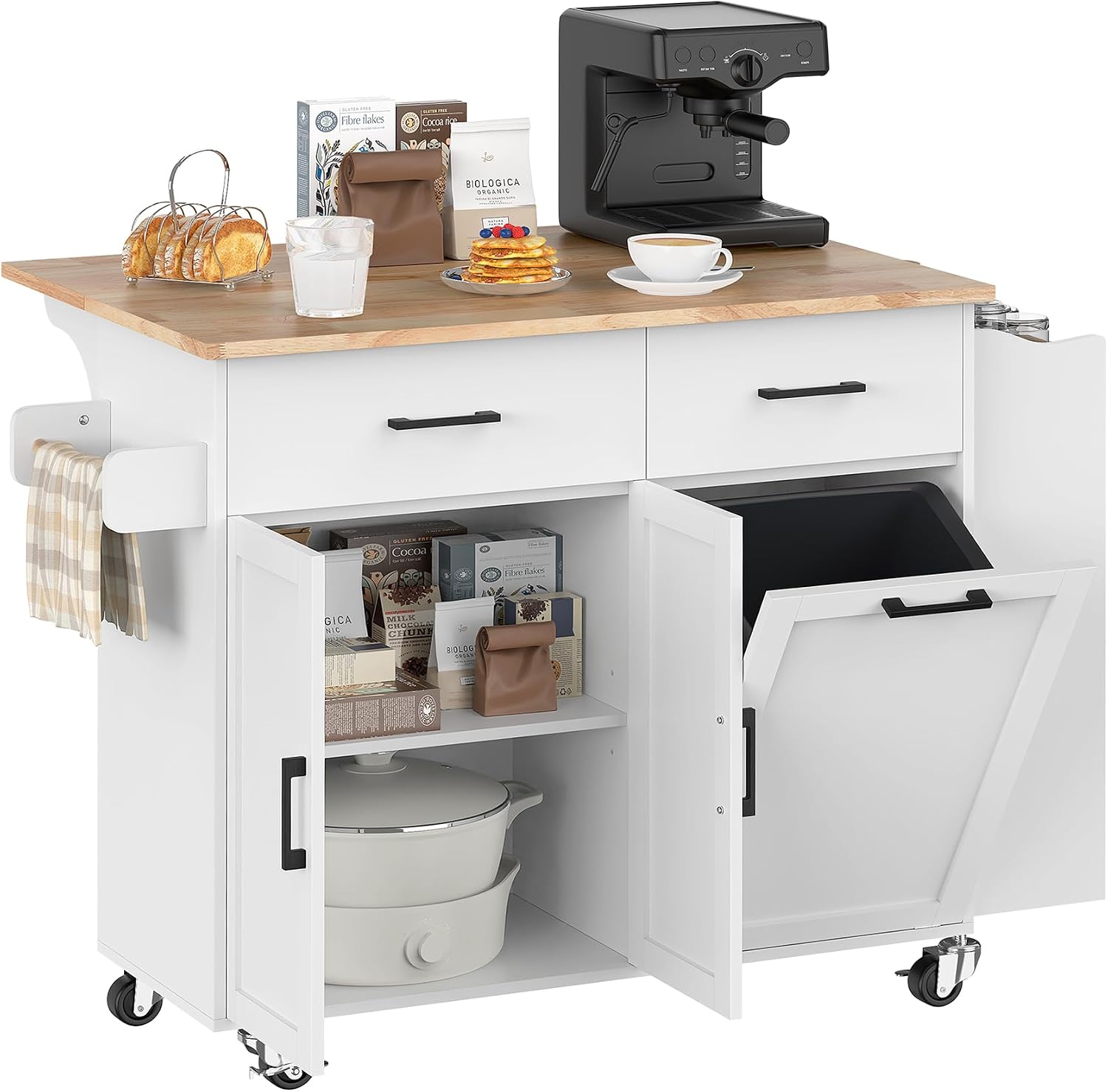 Bigbiglife Kitchen Island with Storage, 39.8" Rolling Kitchen Island Cart with Drop Leaf & Storage - Mobile Kitchen Organizer with Wheels, Rubberwood Top, Trash Can Cabinet & Towel Rack, White