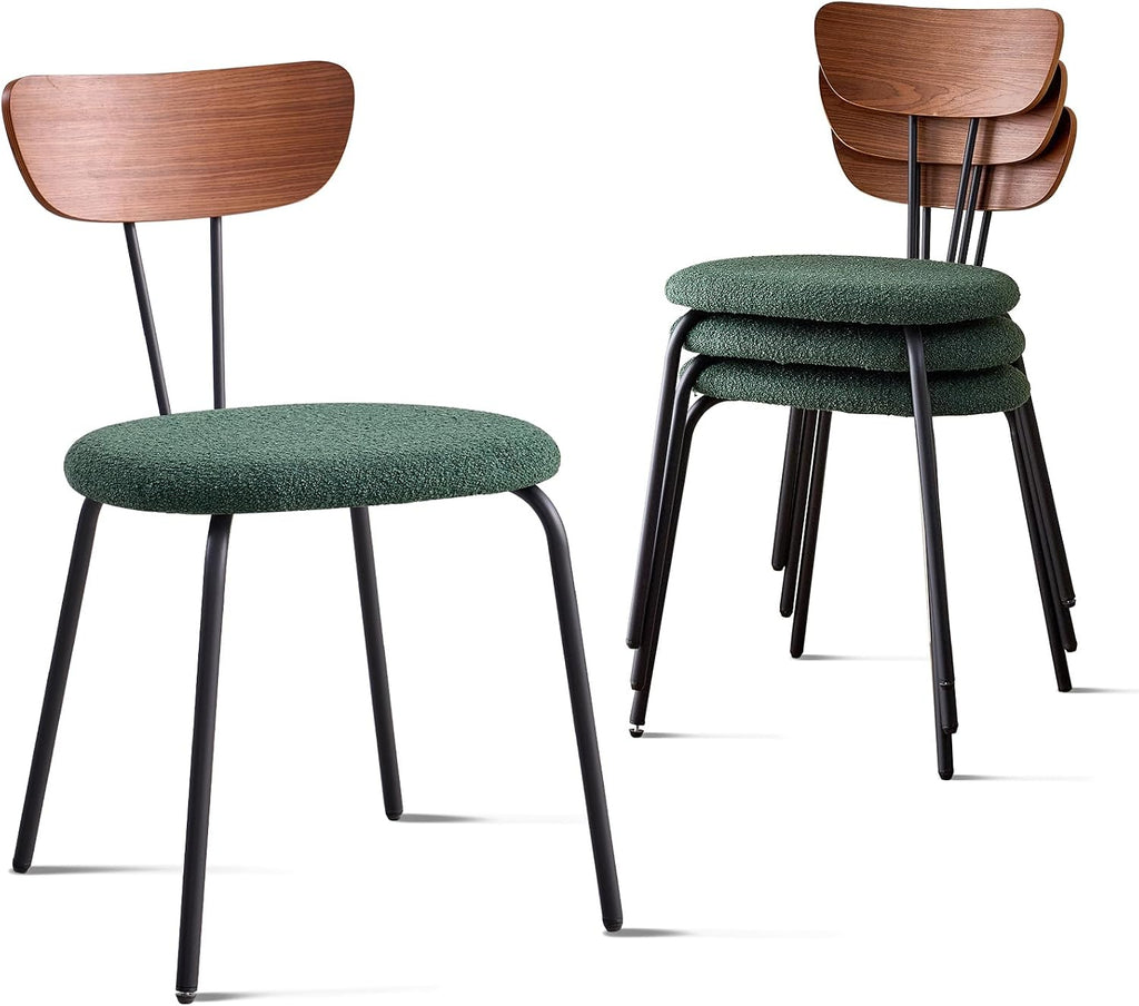 Stackable Dining Chair Set of 4, Small Modern Kitchen Chair with Solid Wood Back, Space Saving Chairs for Apartment Living Room, Green