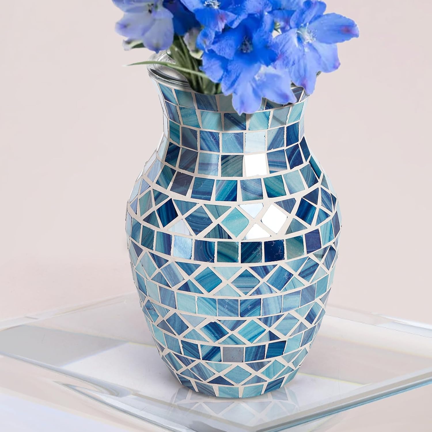 SOUJOY Mosaic Vase, Glass Blue Flower Vases for Centerpieces, Handmade Bud Vase for Wedding Flower Arrangeme, Living Room, Kitchen, Home Decor