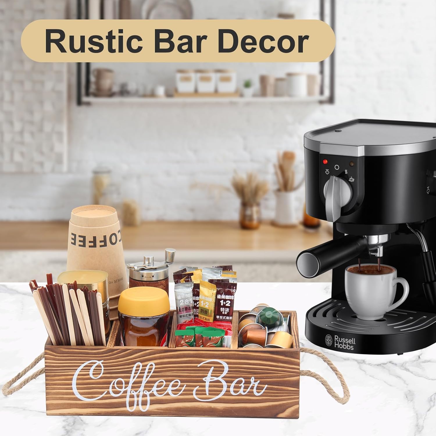 Bokelai Wooden Coffee Bar Organizer Countertop Coffee Station Accessories Storage Basket With Handle Removable Dividers Pods Kcup Holder Farmhouse Decor Caddy for Coffee and Tea Lover