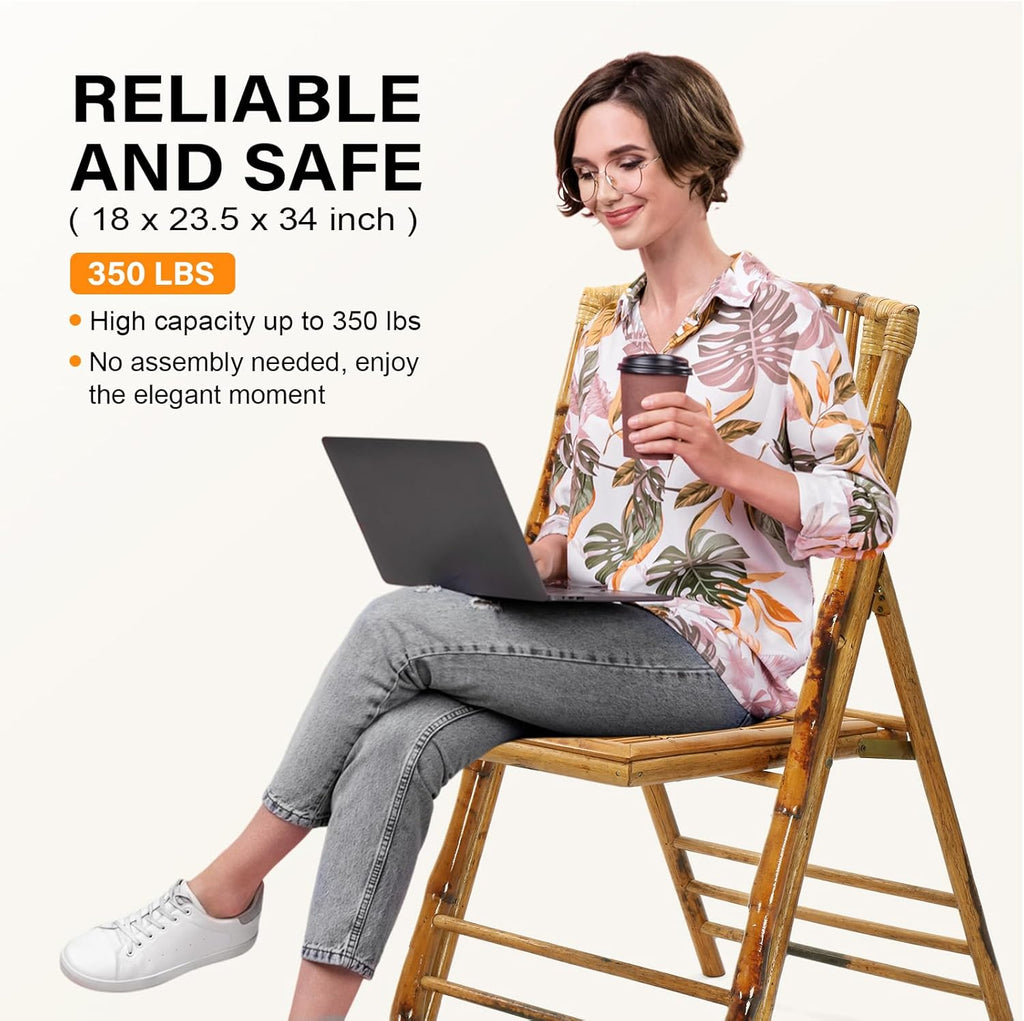 VINGLI Bamboo Folding Chair, Foldable Dining Wood Chairs Comfortable Seat for Outdoor & Indoor, Patio, Porch, Wedding, Party, Event,Brown (4 Pack)
