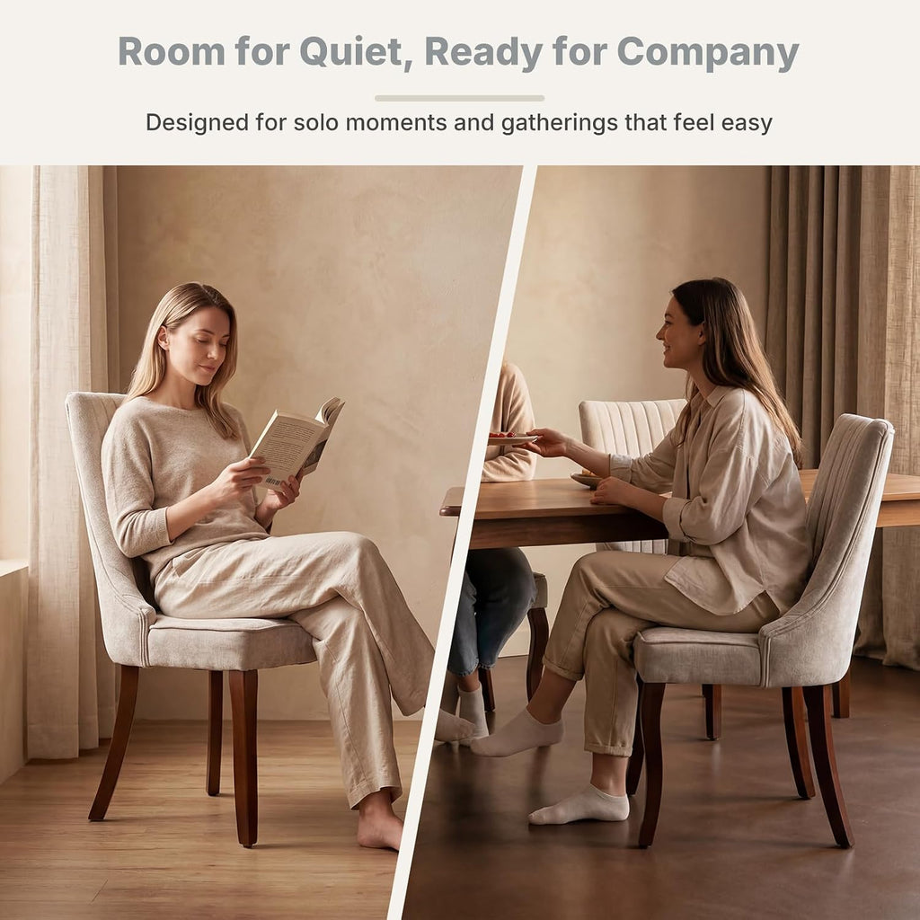 High Back Side Chairs Set of 4, Upholstered Dining Chairs for Kitchen and Dining Room, Mid-Century Modern Fabric Seating with Solid Wood Legs, Beige