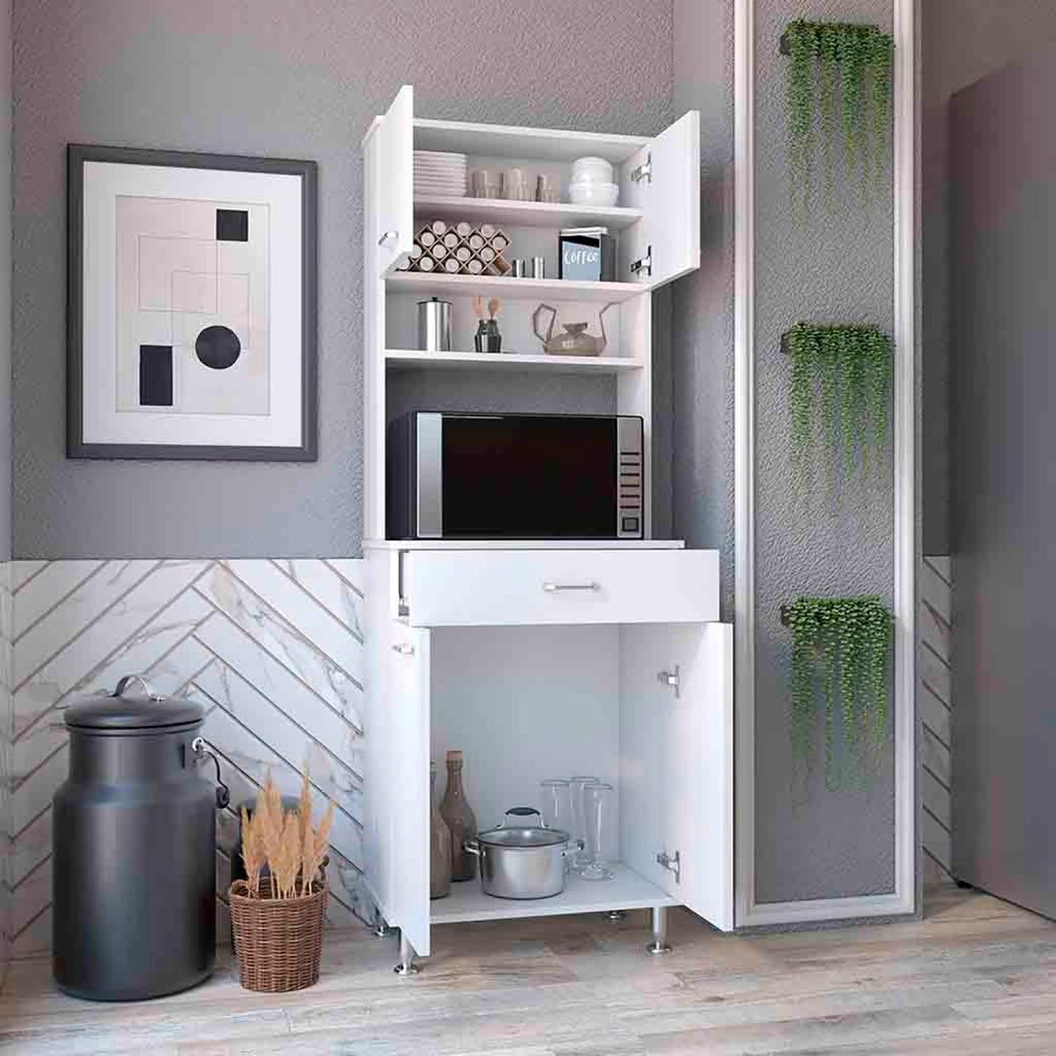 Pantry Cabinet 67" H, Four Doors, One Drawer, Ideal for Kitchens and Dining Rooms, White