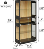 Display Cabinet with Glass Doors & LED Lights, 5 Tier Lighted Display Case for Figurines Collectibles, Tall Curio Storage Cabinet with Motion Sensor, 5 Shelves Living Room Bookcase (Black+Oak)