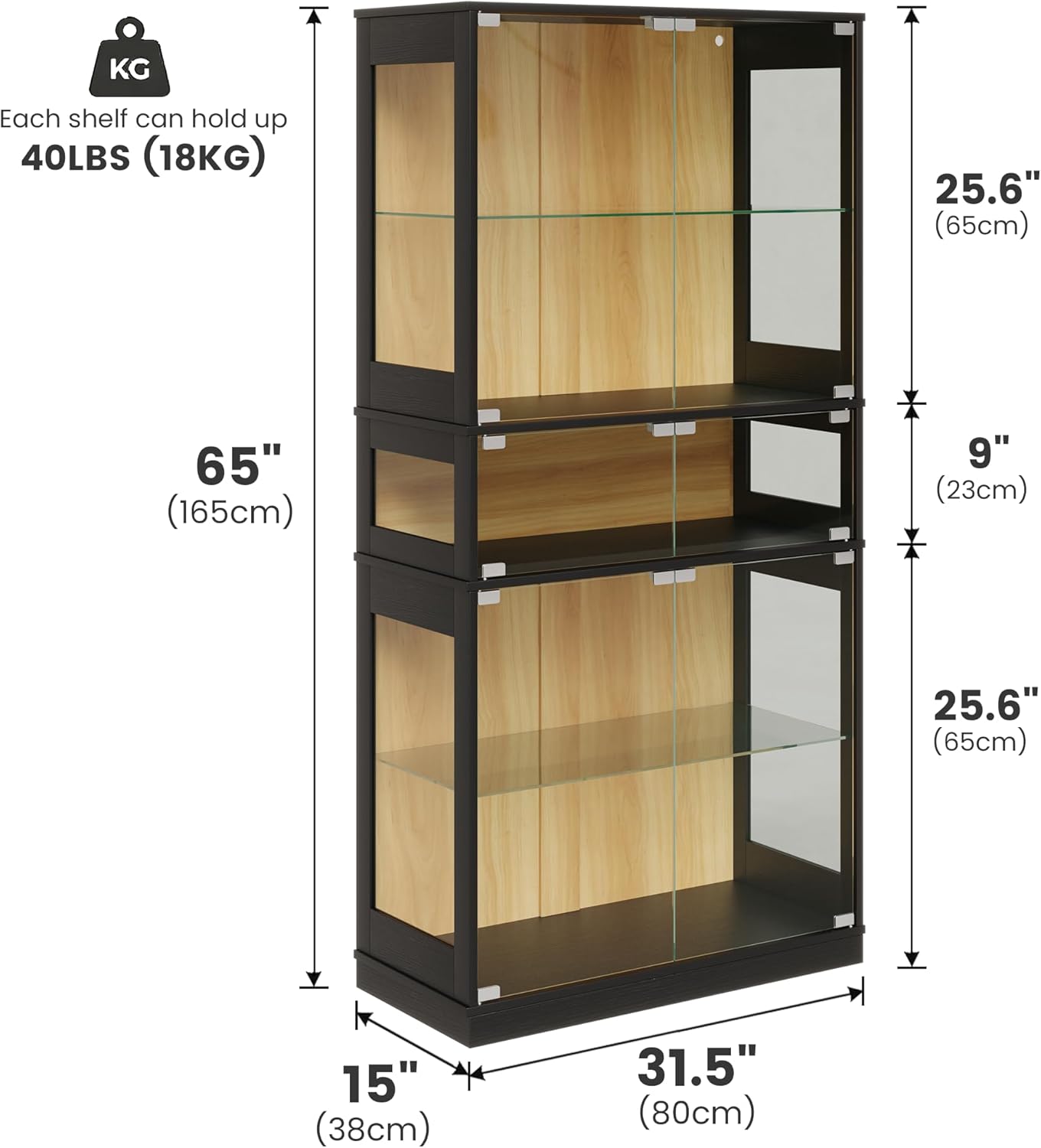 Display Cabinet with Glass Doors & LED Lights, 5 Tier Lighted Display Case for Figurines Collectibles, Tall Curio Storage Cabinet with Motion Sensor, 5 Shelves Living Room Bookcase (Black+Oak)