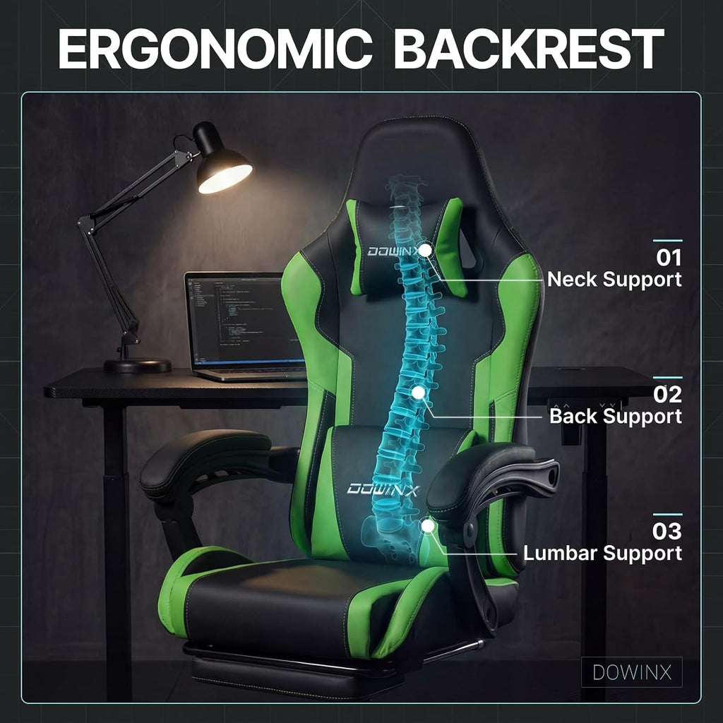 Dowinx Gaming Chair Ergonomic, Massage Lumbar Support, Footrest, Adjustable Height & Headrest Pillow, Heavy Duty 330lbs Office Chair, Comfortable for Back Pain Relief Long Gaming Streaming Deep Green
