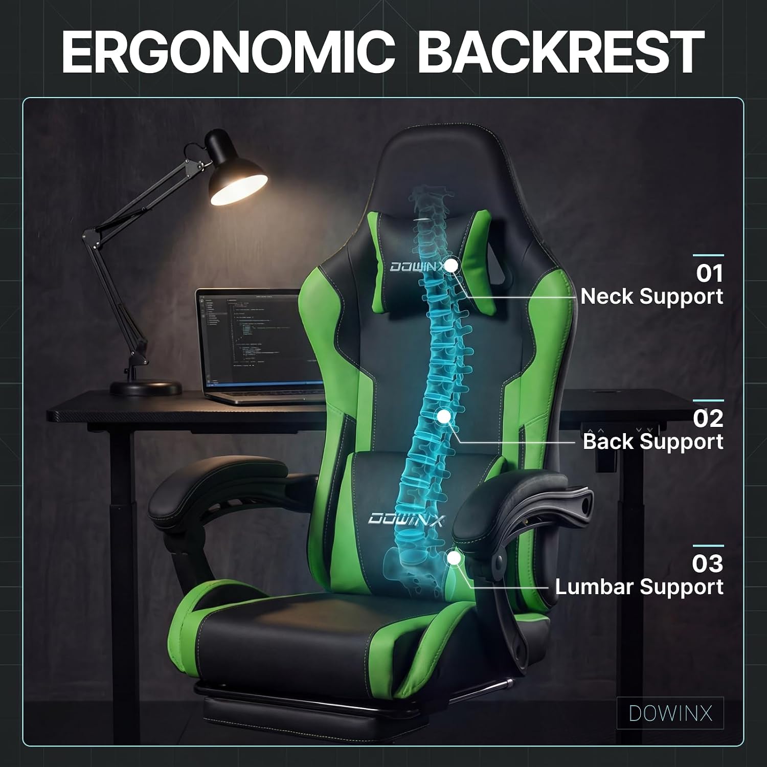 Dowinx Gaming Chair Ergonomic, Massage Lumbar Support, Footrest, Adjustable Height & Headrest Pillow, Heavy Duty 330lbs Office Chair, Comfortable for Back Pain Relief Long Gaming Streaming Deep Green