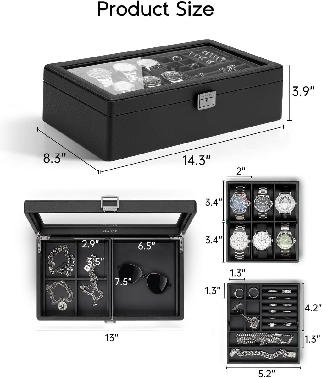 VLANDO 6-Slot Watch Box for Men, Lockable 2-Layer Organizer with Glass Lid, Textured Leather Case for Watches, Rings, Bracelets and Glasses, Gift for Husband or Dad