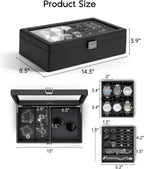 VLANDO 6-Slot Watch Box for Men, Lockable 2-Layer Organizer with Glass Lid, Textured Leather Case for Watches, Rings, Bracelets and Glasses, Gift for Husband or Dad