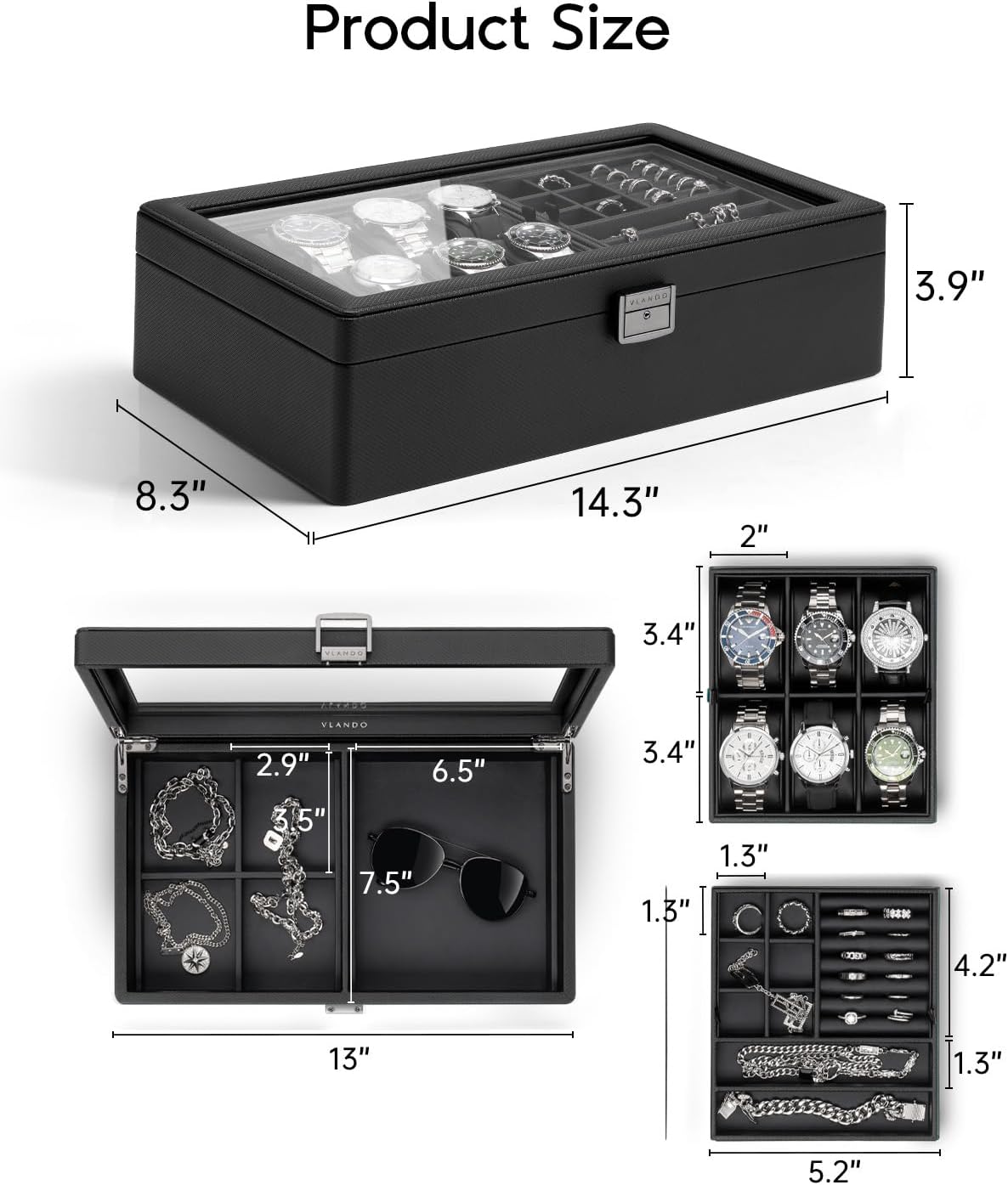 VLANDO 6-Slot Watch Box for Men, Lockable 2-Layer Organizer with Glass Lid, Textured Leather Case for Watches, Rings, Bracelets and Glasses, Gift for Husband or Dad