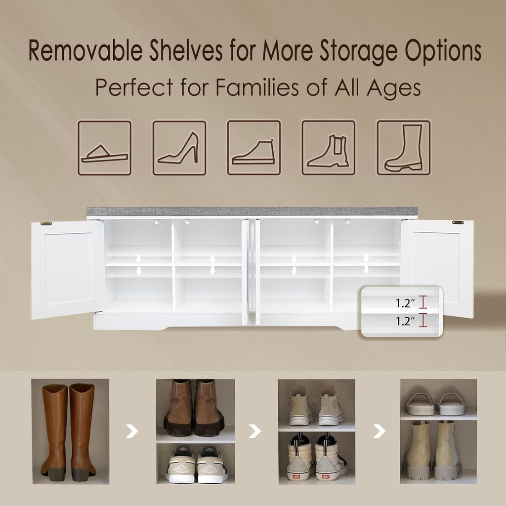 DINZI LVJ Shoe Bench, Entryway Storage Bench with Doors, Cushion, 2-Tier Shoe Rack with 8-Cubby, 47.2”L x 13.8”W Shoe Organizer Cabinet, Adjustable Shelf, Living Room, Bedroom, White