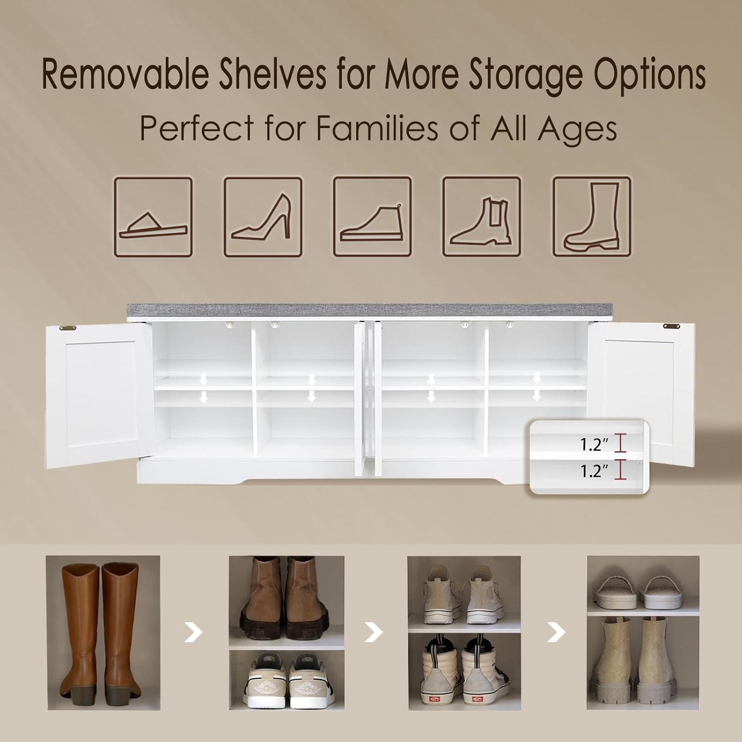 DINZI LVJ Shoe Bench, Entryway Storage Bench with Doors, Cushion, 2-Tier Shoe Rack with 8-Cubby, 47.2”L x 13.8”W Shoe Organizer Cabinet, Adjustable Shelf, Living Room, Bedroom, White