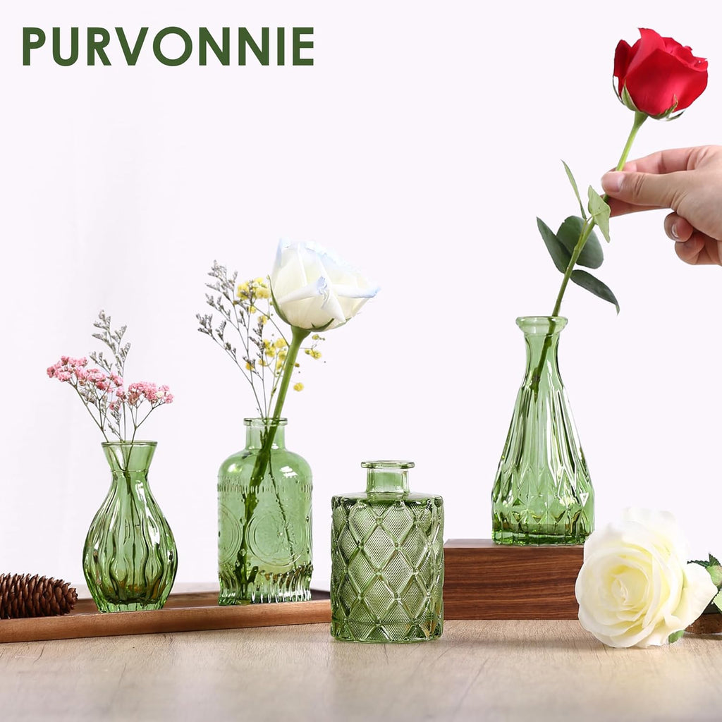 Vintage Small Glass Vases Set of 10,Mini Bud Vases for Flowers,Amber Glass Vases for Centerpieces,Wedding Decorations,Home Table Flower Decor (Hunt Green)