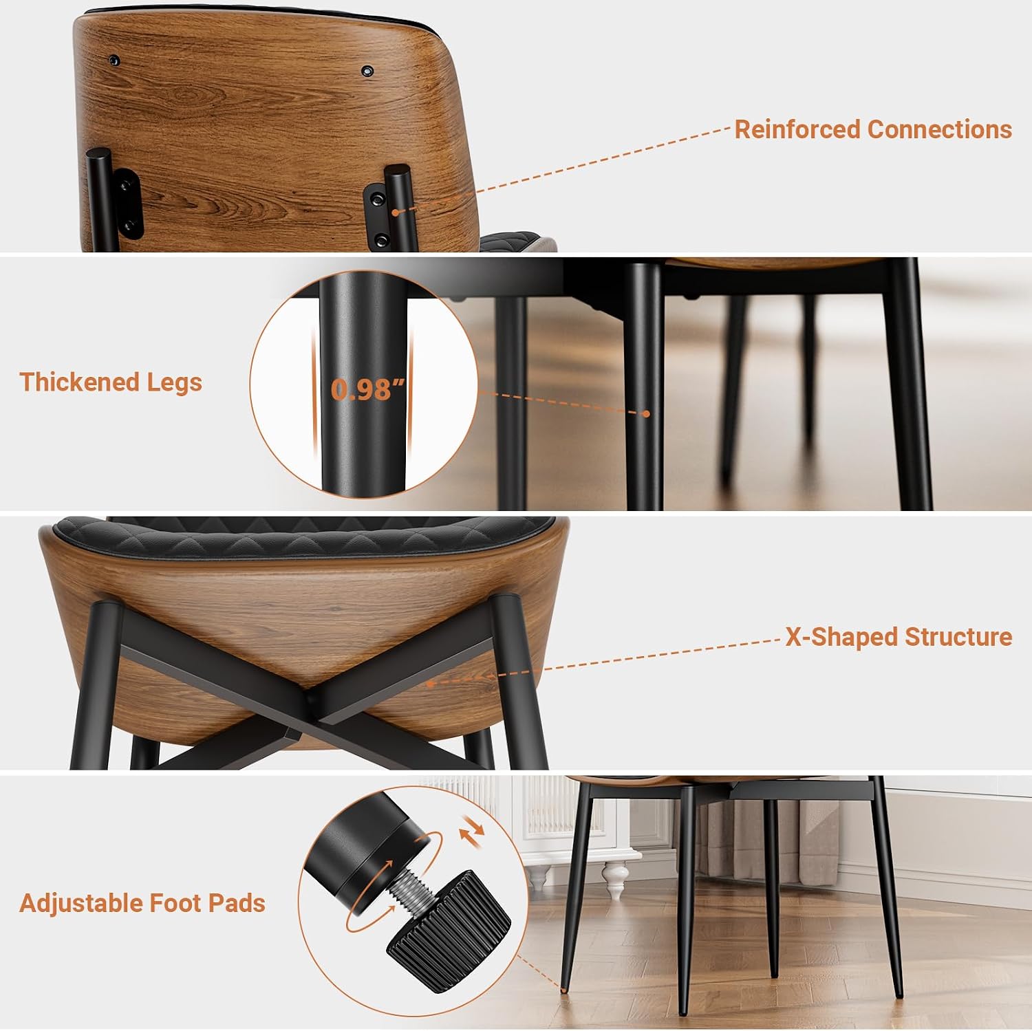 YaFiti Dining Chairs Set of 2, Mid Century Modern Accent Dining Room and Kitchen Chairs, Upholstered PU Leather Diamond Check Chairs with Walnut Bentwood and Metal Legs, Black