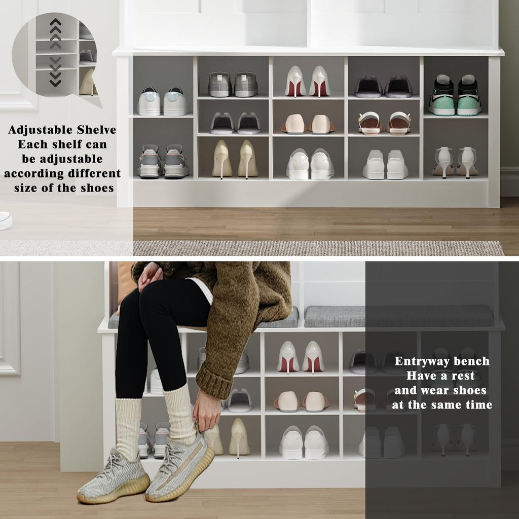 Wodeer Hall Tree with Bench and Shoe Storage, 53" Farmhouse 4-in-1 Mudroom Storage Organizer with Coat Rack, 6 Hooks, 12 Shoe Cubbies, Adjustable Shelf, for Entryway, Hallway, Living Room, White