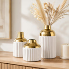Ceramic Textured Vases Set of 3, Round White and Gold Two-Tone Flower Vase for Pampas Grass Decorative, Modern Gold Small Vase for Kitchen Counter Shelving Fireplace Mantel Table Centerpiece