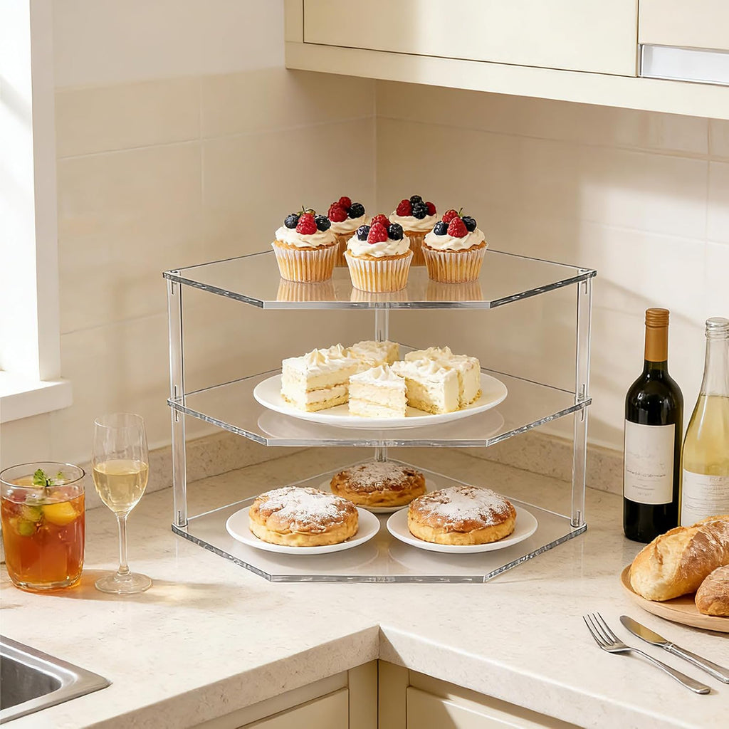 3-Tier Clear Acrylic Corner Shelf for Dishes - Plate Organizer for Cabinet Space Saver, Bowls & Dinner Plates, Kitchen Cabinet Plate Holder & Small Shelf for Bathroom Storage