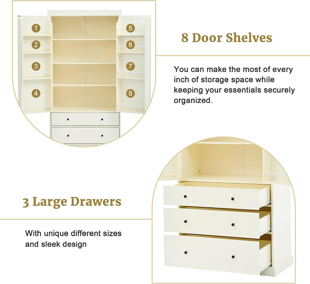 77" Tall Kitchen Pantry Cabinet, Pantry Storage Cabinet with 2 Door 3 Drawers and Adjustable Shelf, Freestanding Rustic Wood Pantry for Kitchen, Dining Room, Cream
