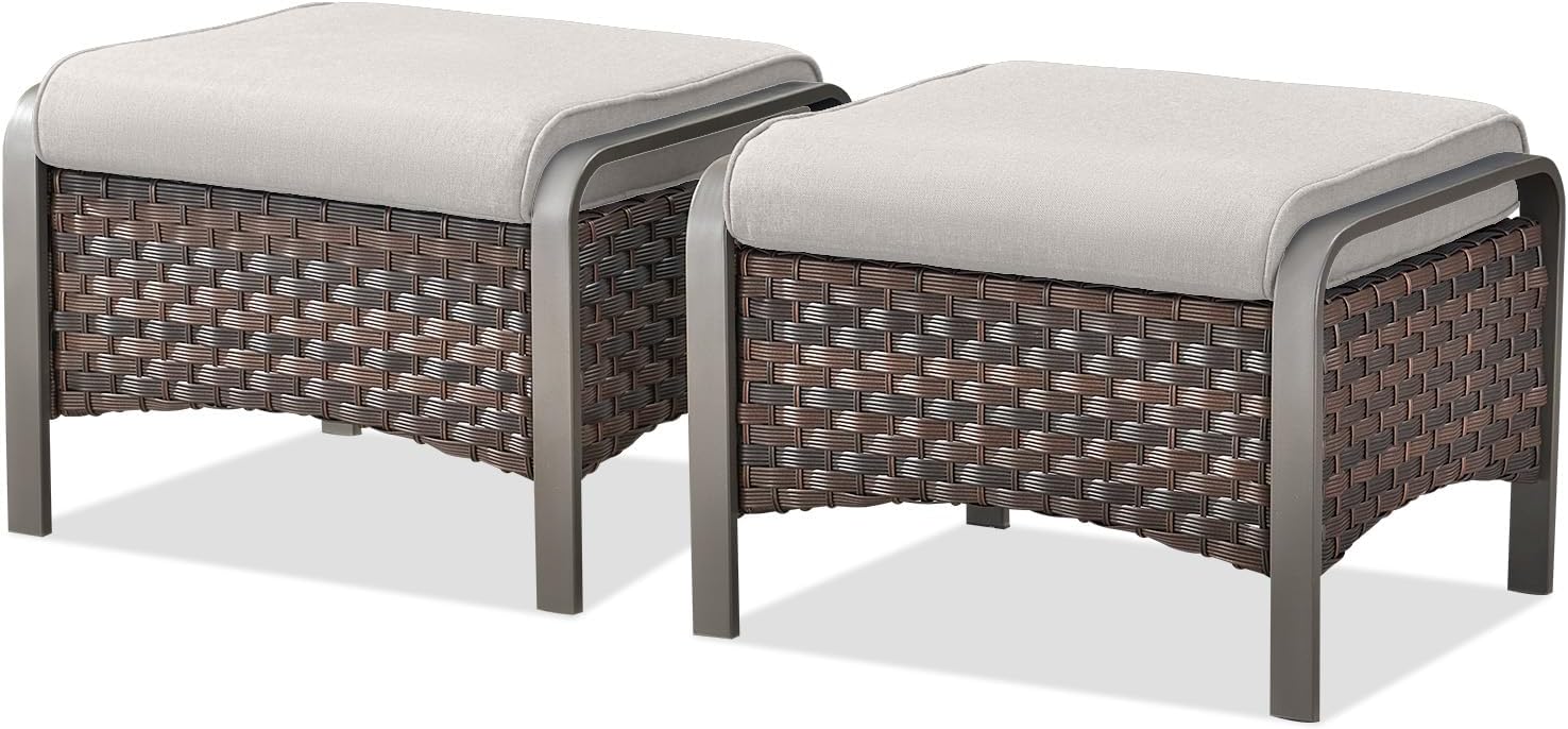 Belord Outdoor Ottomans for Patio - 250 LBS Weight Capacity PE Wicker Foot Rest Ottoman Set of 2 with Metal Frame Multipurpose Outdoor Foot Stool for Porch Balcony Backyard Brown
