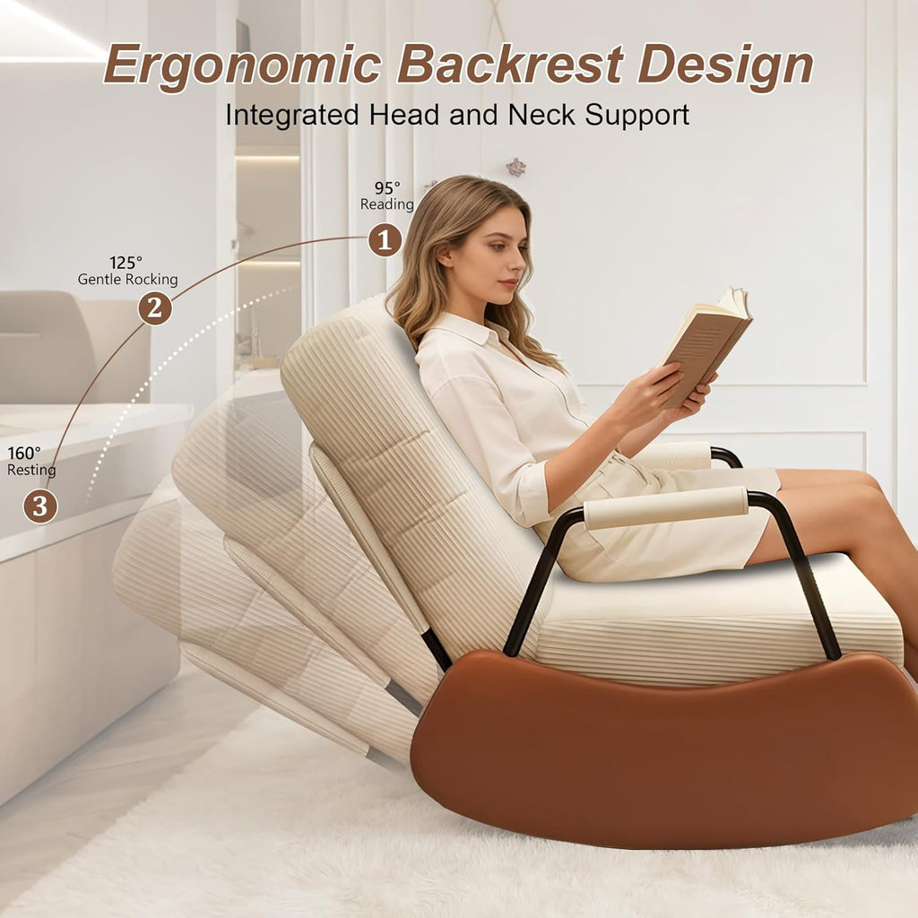 Rocking Chair Nursery, Comfortable Upholstered Recliner Rocker with Foot Rest, Side Pocket and Adjustable High Backrest, Soft Corduroy Modren Rocking Chair Living Room Bedroom, Beige