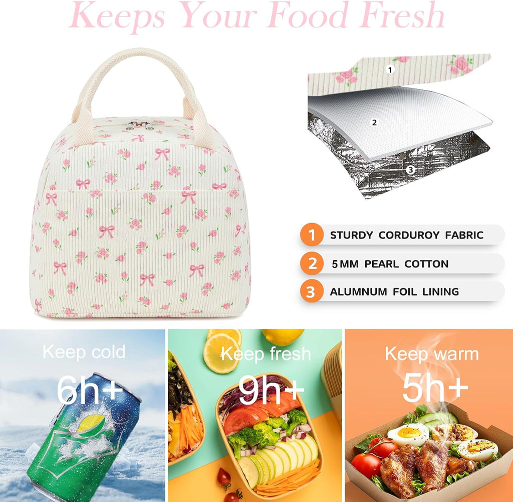 BTOOP Lunch Box for Women Men Cute Corduroy Lunch Bags Large Capacity Insulated Lunch Tote Bag For Work Travel Or Picnic (Pink Bow Floral-1)