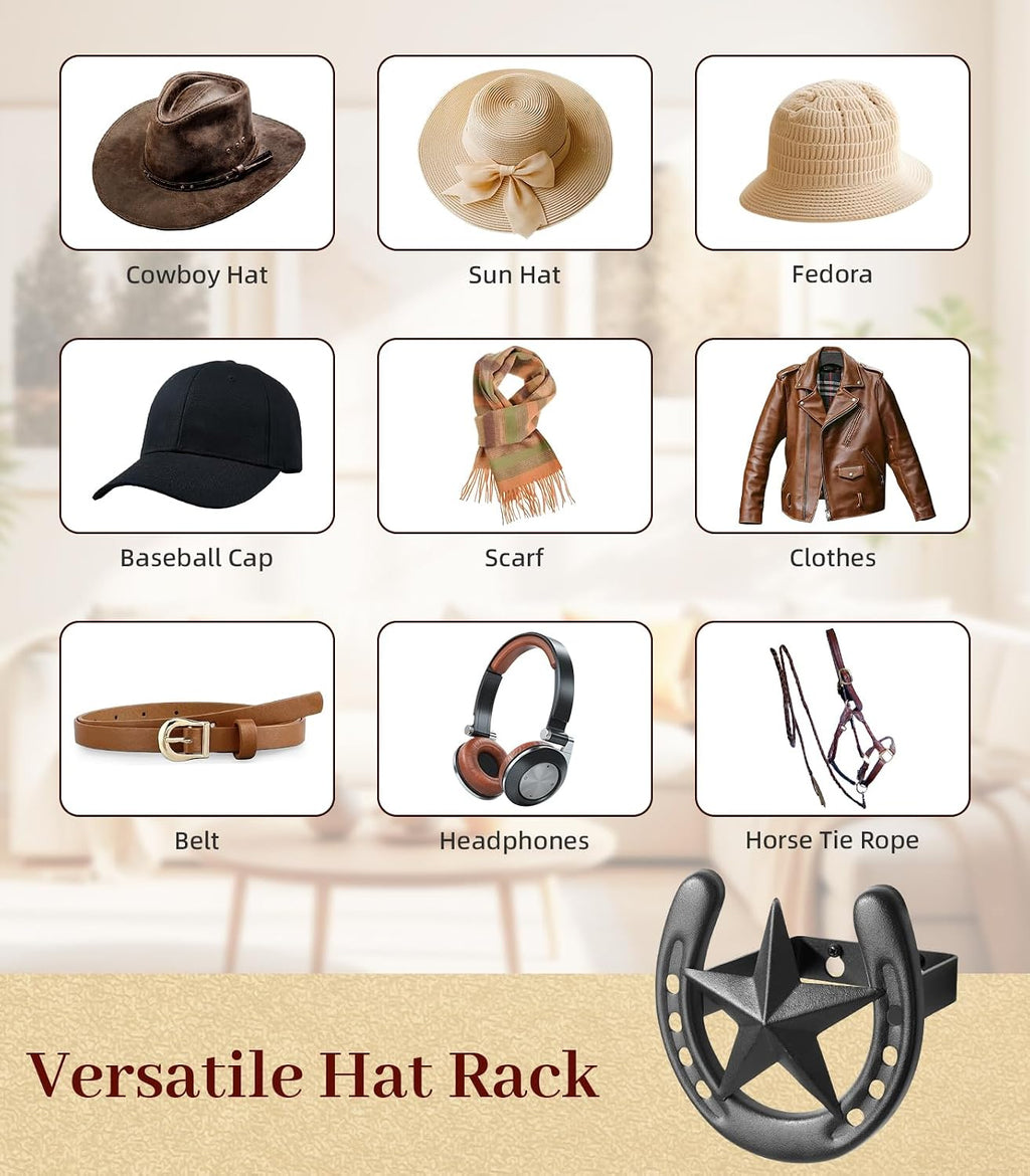 Cowboy Hat Hook for Wall, 4 Pack Cowboy Hat Rack, Metal Horseshoe Hanger, Hat Organizer, Western Hook for Wall, Hat Holder Display for Closet, Horse Supplies, Texas Gifts for Men, Black