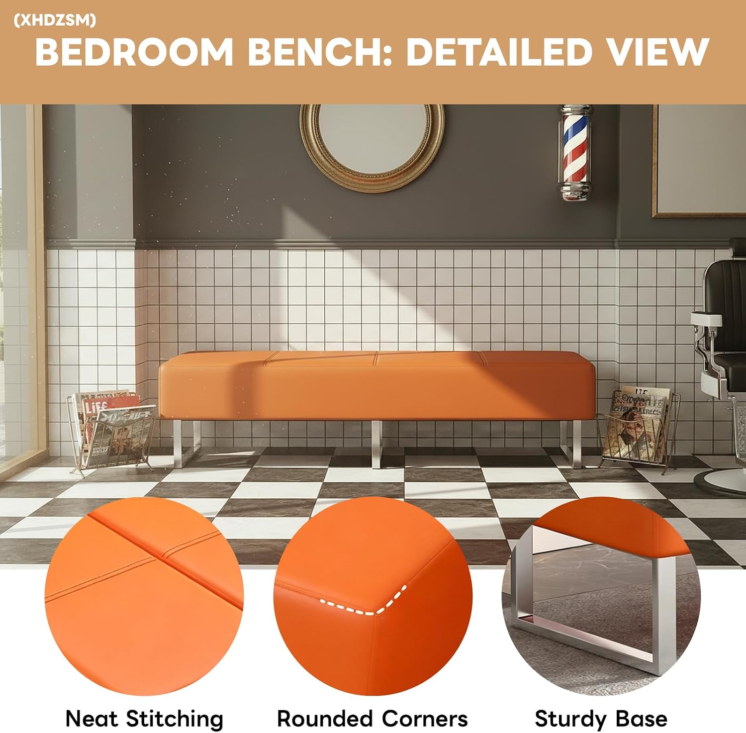 Waiting Room Storage Bench, Upholstered Faux Leather Guest Reception Chair, 9" Thick Multi-Color, for Barber/Salon/Office/Entryway/Work/Bedroom/Piano/SmallSpace Red 47.2" Stainless Steel