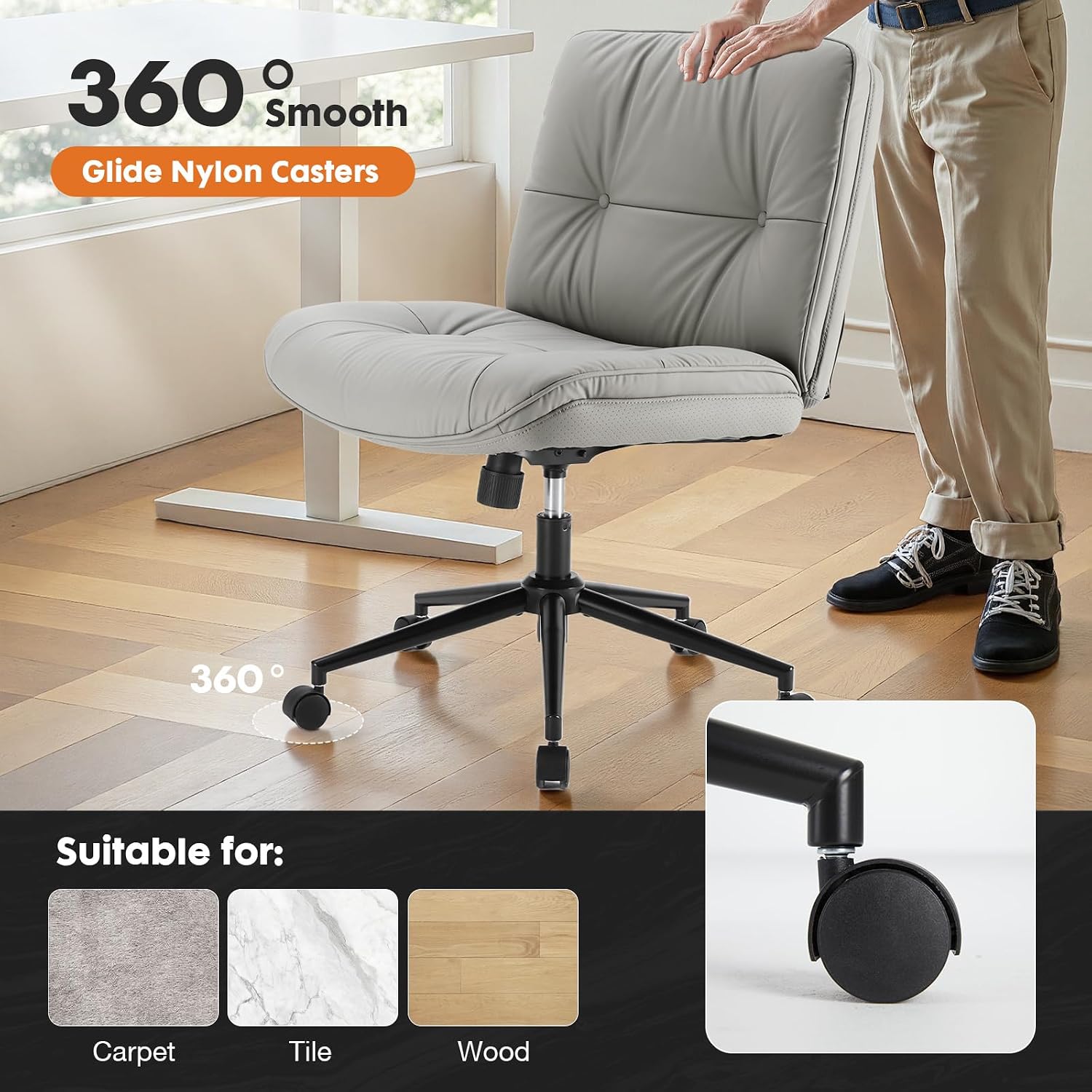 Sweetcrispy Criss Cross Chair with Wheels, Wide Seat PU Leather Armless Office Desk Vanity Chair, Comfortable Adjustable Swivel Computer Task Chairs for Bedroom, Small Space Make Up, Grey