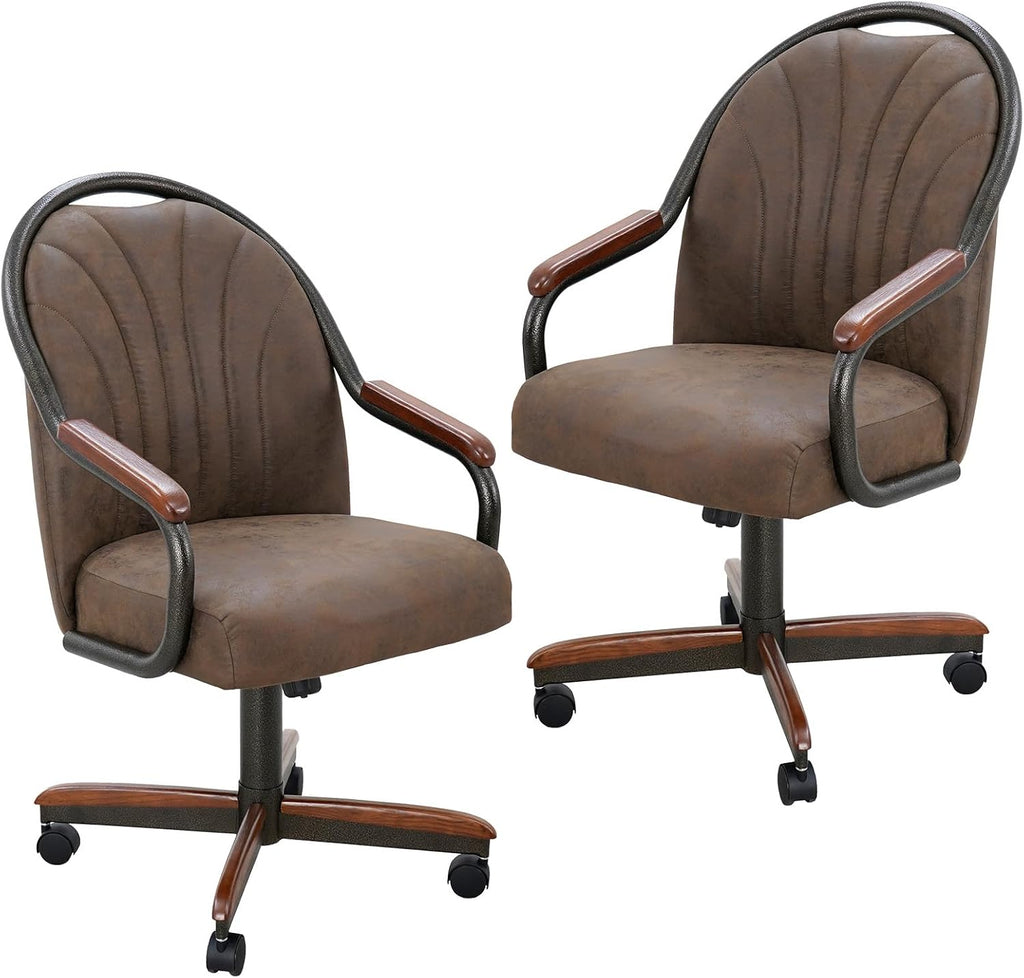 Chromcraft Douglas Set of 2 Casual Dining Chairs Classic Swivel Tilt Dining Chairs with Casters, Wooden Arm Metal Base Chairs with Rolling Wheels for Kitchen & Dining Room (Mocha-Walnut)