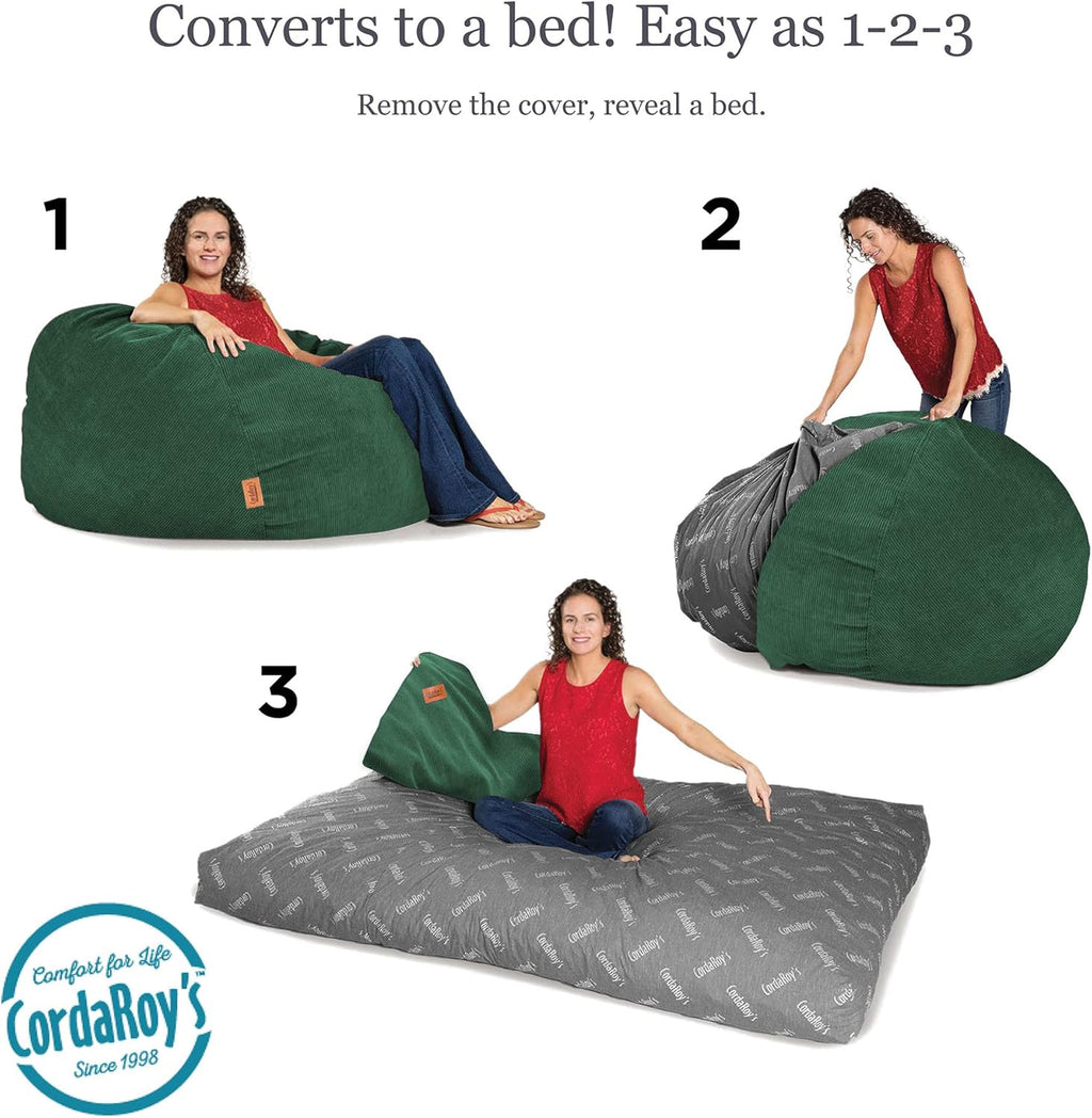 CordaRoy's Corduroy Bean Bag Chair, Convertible Chair Folds from Bean Bag to Lounger, As Seen on Shark Tank, Rainforest - Full Size