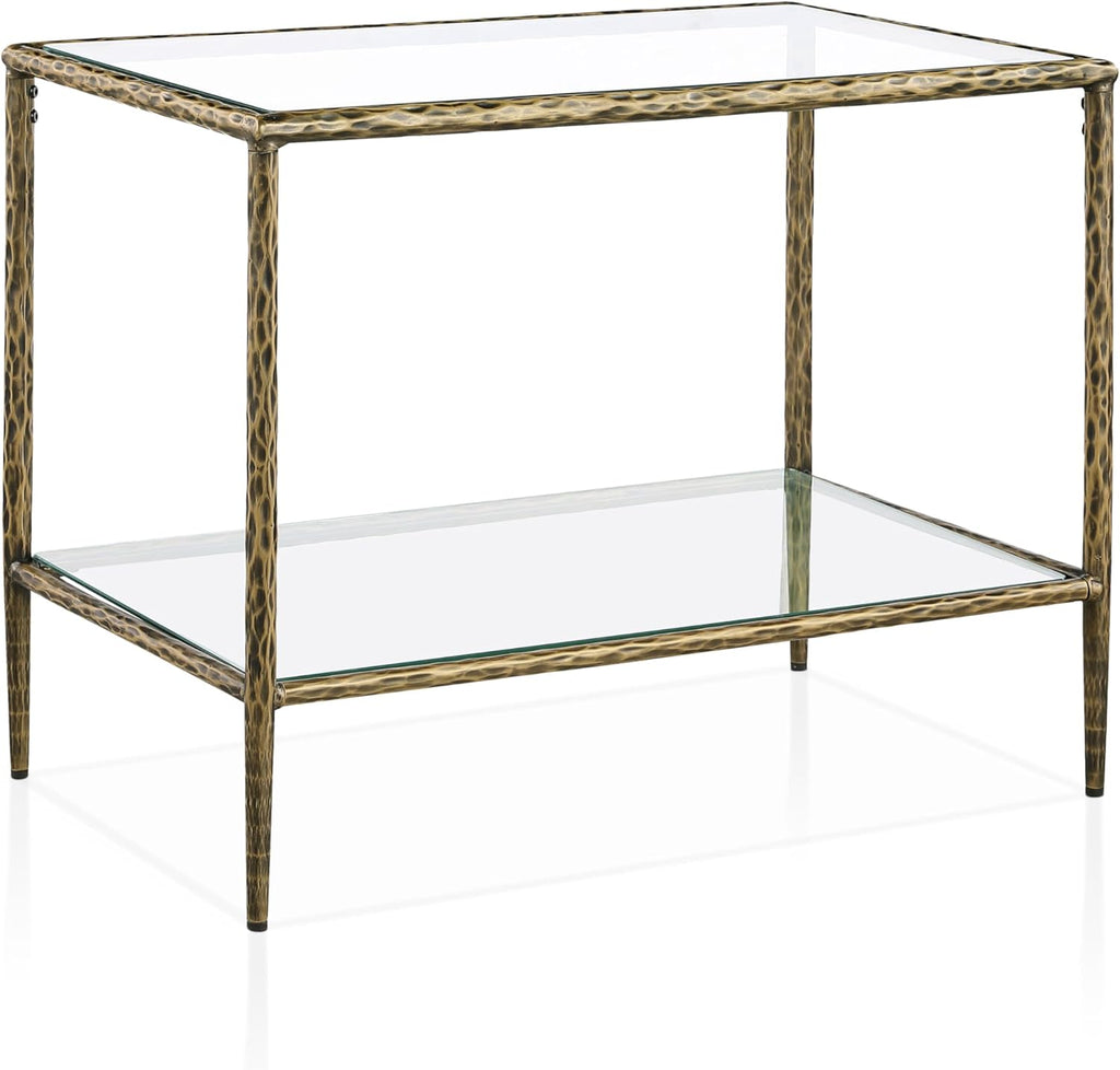 24/7 Shop at Home Lalia Modern 30-inch Metal End Table with Tempered Glass Top and Shelf, Hammered Steel Frame for Living Room, Matte Gold